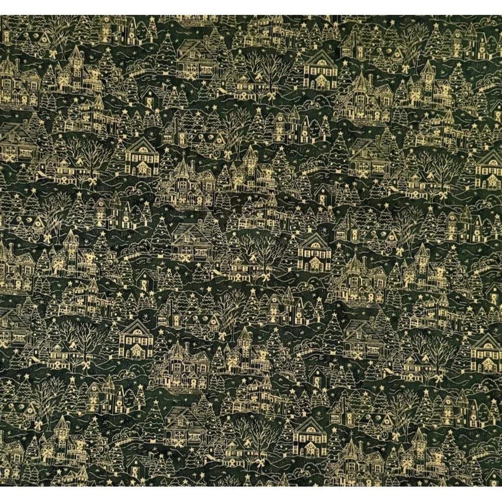 Vtg 50s Xmas Houses Village Gold Metallic Green Cotton Quilt Fabric 1yd x 40.5W